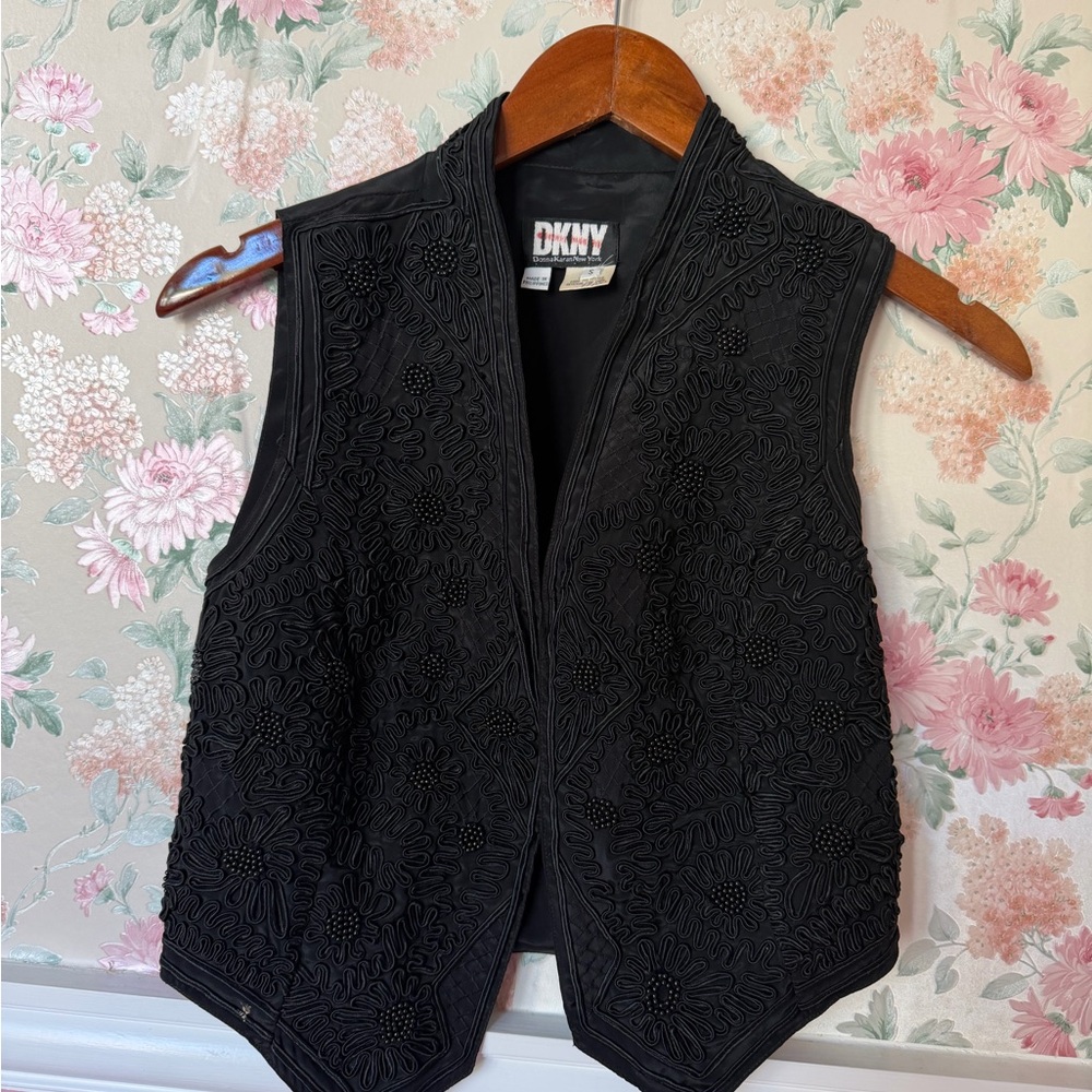 DKNY Black Embroidered Beaded Vest Top